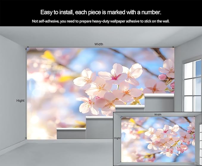 Japanese Mural Wallpaper, Cherry Blossoms Murals, Japanese Flowers Murals, Large Wallpaper for Living Room Bedroom Kids Room Home Decor Mural (Not Peel Stick)