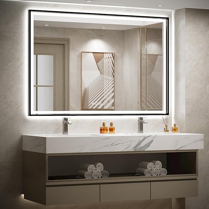60x40 Inch LED Bathroom Mirror with Lights, Frontlit & Backlit Black Metal Frame Mirror,Double Lights Strips,Anti Fog Dimmable & 3 Colors Temperature