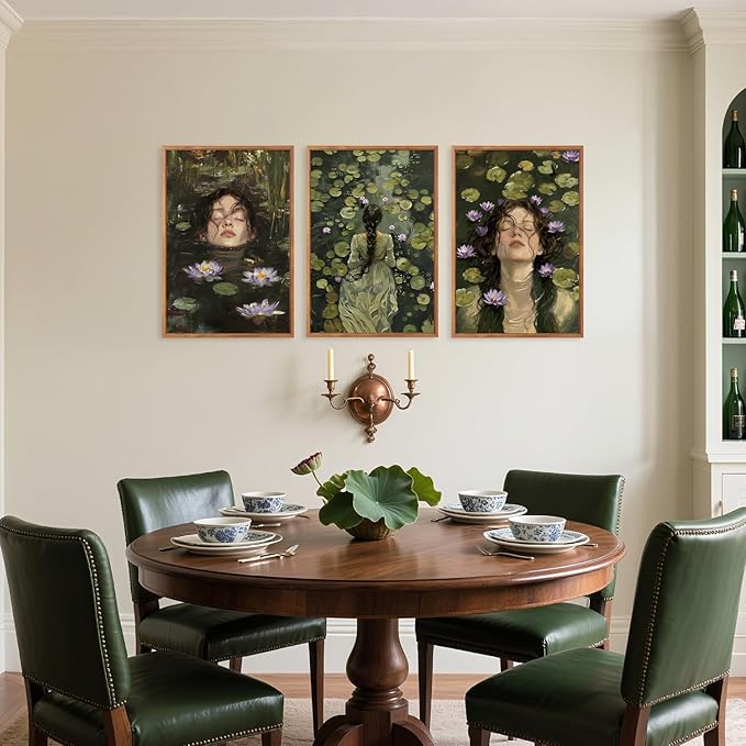 Aurlan Ophelia in the Lake Dark Academia Framed Wall Art(16"x24"), 3PCS Moody Boho Victorian Water Llily Foral Canvas Artwork, Classic Romantic Gothic Modern Cottagecore Decor for Home Office Bedroom