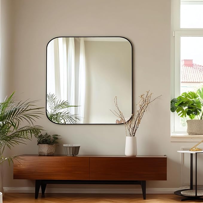 KOCUUY Bathroom Mirror 30"x30", Black Square Mirrors for Over Sink, Modern Vanity Mirror with Rounded Corner Metal Frame, Shatterproof Designed Wall Mirror for Bedroom, Living Room, Entryway