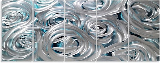 YHSKY ARTS Huge Silver Flower Metal Wall Art Hand Crafted Sculpture Set for Living Room Decor