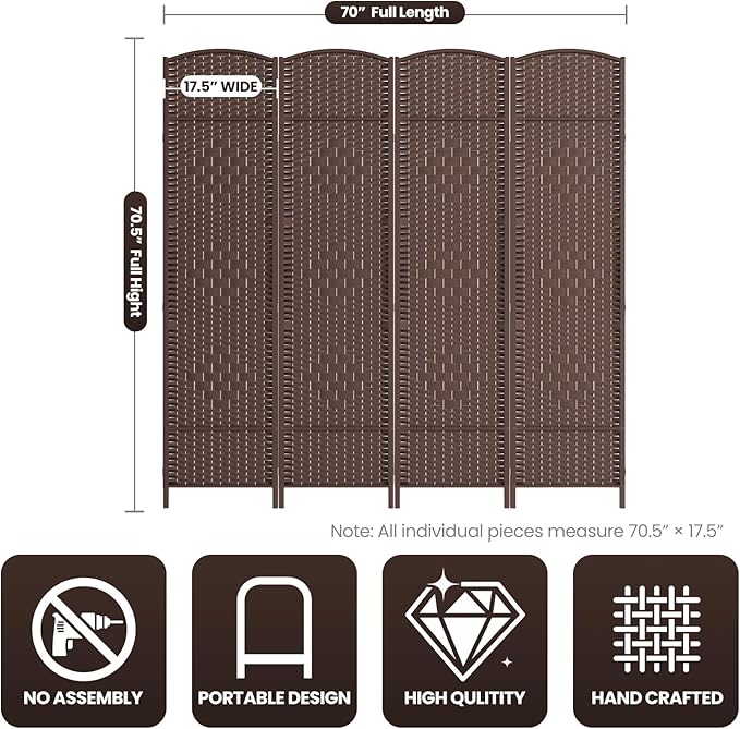 4 Panel Room Divider,6Ft Folding Privacy Screen,Tall - Extra Wide Foldable Panel Partition Wall Divider with Diamond Double-Weaved Hand-Woven Design Room Screen Divider