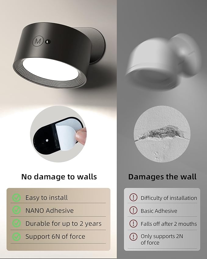 LED Wall Mounted Lights, Rechargeable Wall Sconces Lamp, 3 Color Temps & Remote and Touch, 360°Rotation Dimmable Cordless Wall Light for Study Bedroom Reading Bedside(Black, 2 Pack)