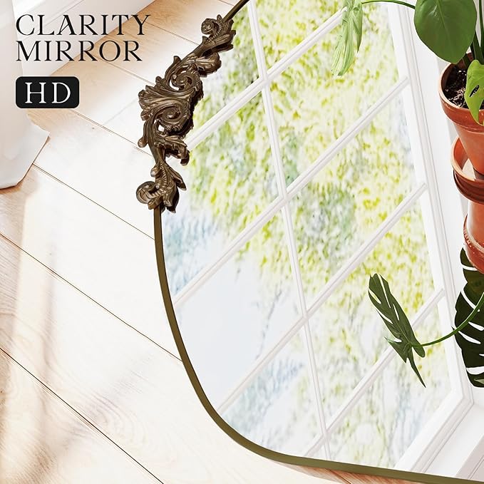 MISSDAY Vintage Retro Bronze Baroque Mirror for Wall, 36"X30" Arched Antique Wall Mirror with Elegant Carving Top, Full Metal Frame Wall-Mounted Mirror for Bathroom, Living Room, Fireplace, Entryway