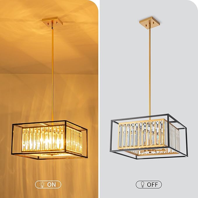 6-Light K9 Crystal Chandelier, Modern Style Pendant Light Fixture for Dining Room, Living Room, L16.5*W16.5*H17~47 inch (Adjustable Height), Gold & Black Finish Frame