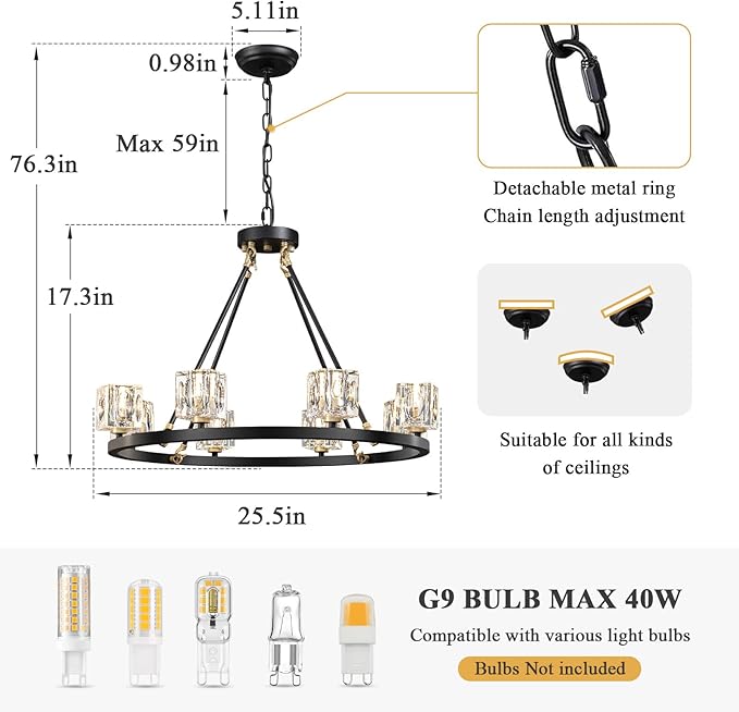 Black Wagon Wheel Chandelier,10-Lights Crystal Chandeleirs with Adjustable Height, Dining Room Light Fixture, Hanging Lights for Kitchen Island, Living Room, Bedroom, Entryway, G9 Base