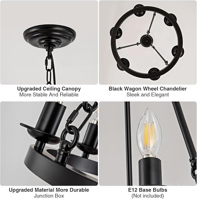6-Light Black Wagon Wheel Chandelier, Modern Farmhouse Chandelier Rustic Industrial Round Small Wagon Wheel Light for Dining Room, Kitchen, Bedroom, Living Room,Entryways