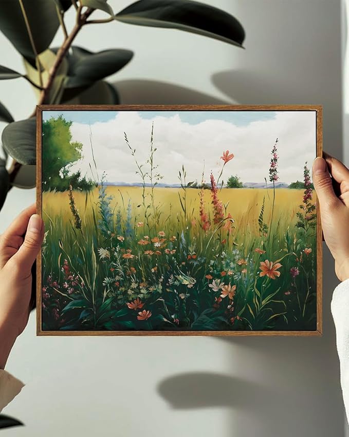 KISSFOX Vintage Wildflower Field Landscape Framed Wall Art Summer Countryside Meadow Canvas Art Farmhouse Rustic Paintings Artwork Nature Serene Art Prints For Kitchen Living room Bedroom