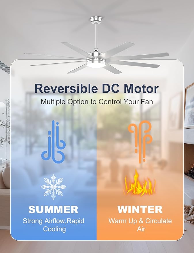 72'' Silver Ceiling Fans with Lights, 8 Blades Large Ceiling Fan Remote/APP Control, Dimmable, Silent Big Ceiling Fan for Indoor/Covered Outdoor