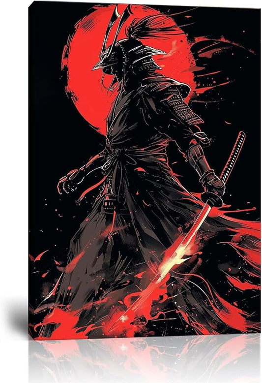 Black and Red Japanese Samurai Wall Art Bushido Pictures Wall Decor Canvas Prints Armored Samurai Painting Poster Artwork Modern Home Decor Framed for Bedroom Living Room Office (12''W x 16''H)