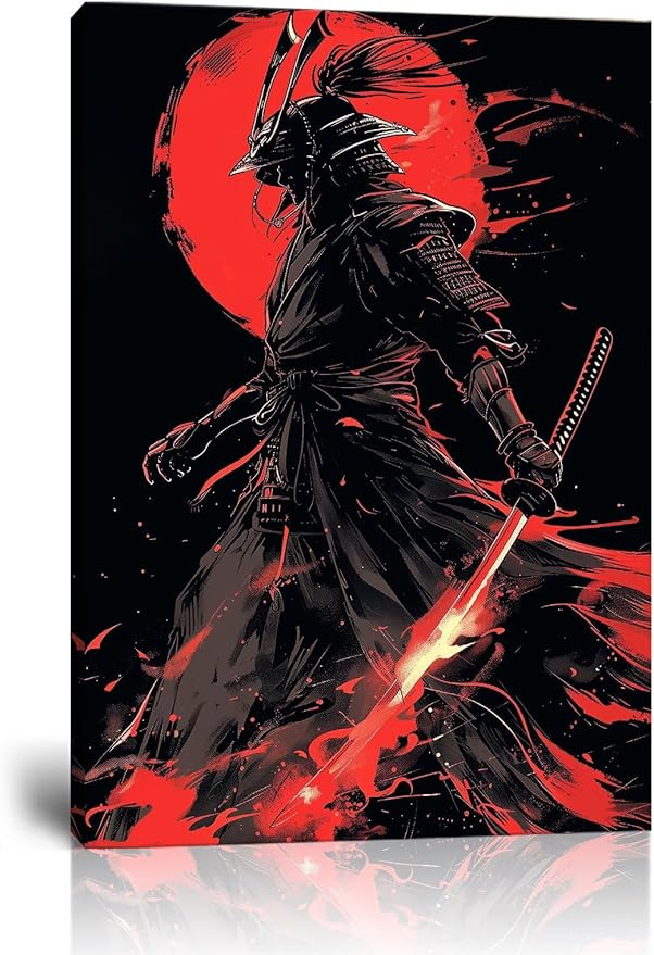 Black and Red Japanese Samurai Wall Art Bushido Pictures Wall Decor Canvas Prints Armored Samurai Painting Poster Artwork Modern Home Decor Framed for Bedroom Living Room Office (18''W x 24''H)