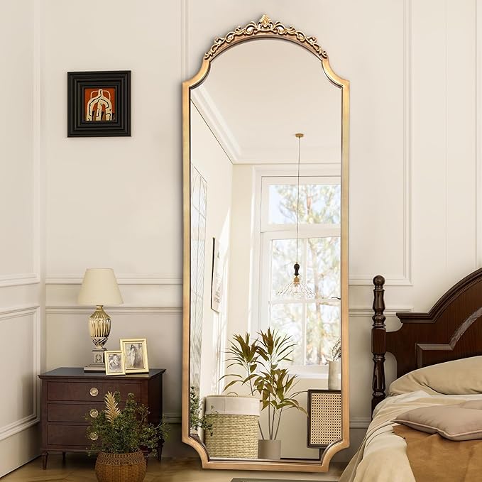 Large Gold Arched Mirror, 61"x22" Vintage Floor Mirror for Dressing, Ornate Baroque Mirrors Full Length, Traditional Carved Mantel Mirrors for Living Room Bathroom Bedroom Entryway
