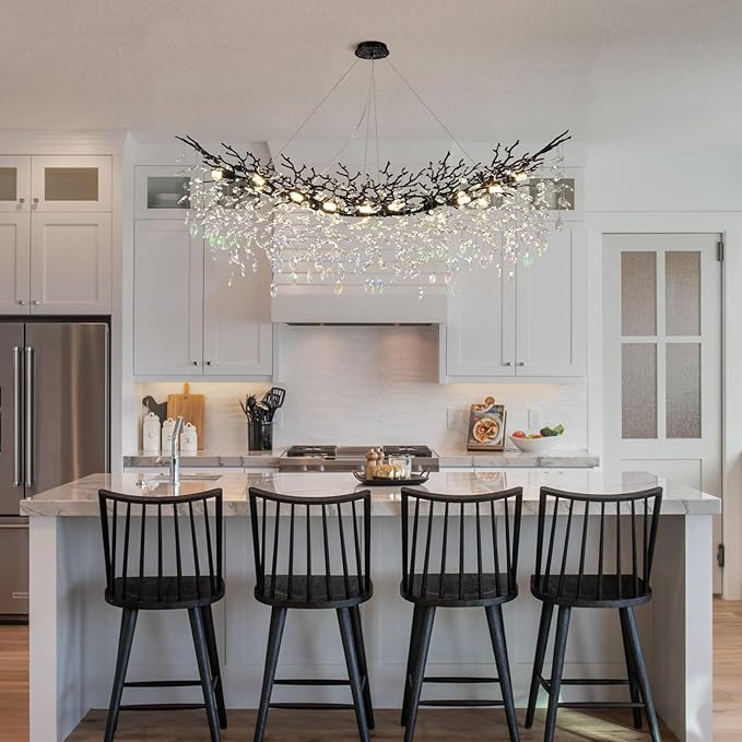 Modern Black Rectangle Crystal Tree Branch Chandelier, 55" 16-Light K9 Crystal Chandeliers for Dining Room, Rectangular Dining Room Chandelier Over Table,for High Ceiling,Kitchen