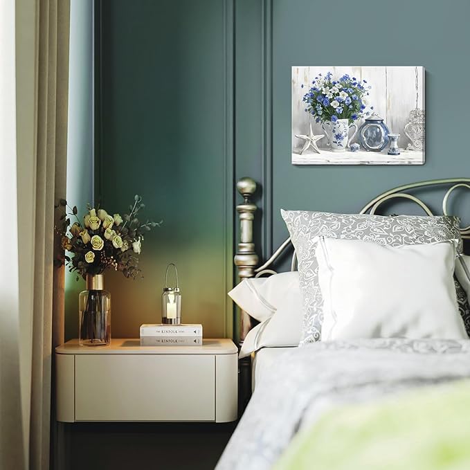 Nicetop Bathroom Decor Wall Art Vintage Coastal Picture Blue and White Anemone Flowers in Vase with Starfish and Bottle Pottery Canvas Print Rustic Country Farmhouse Artwork for Bedroom 16x12 Inch