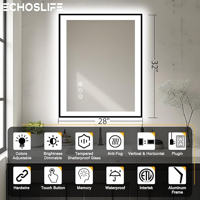28x32 LED Bathroom Mirror - Black Aluminum Framed, Front & Backlit, Anti-Fog, Dimmable, Plugin/Hardwired