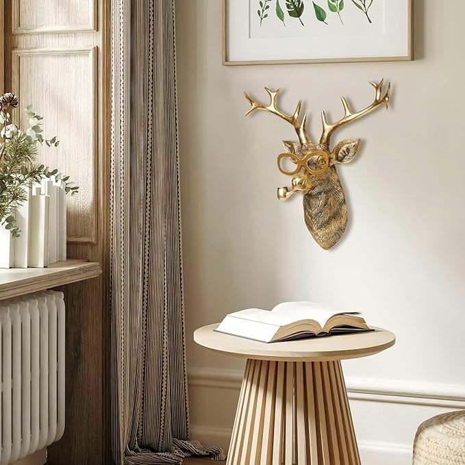 Newinhome Animal Heads Wall Decoration Resin Animals Sculptures Head Wall Hanging Decor Gold vintage Wall Sculpture for Living Room Bedroom Office(Deer,not include metal frames)