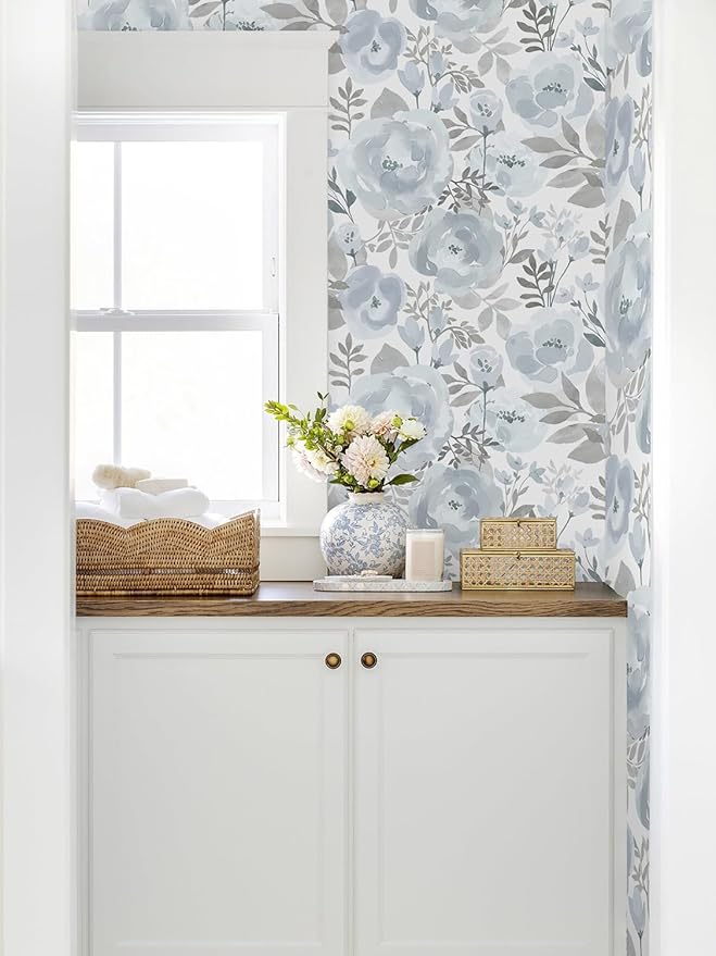 Orainege Floral Wallpaper Peel and Stick Wallpaper 17.3inx118.1in Self Adhesive Wallpaper Boho Contact Paper Removable Decorative Wall Paper for Bedroom Bathroom Shelf Liner Decor Vinyl,Blue