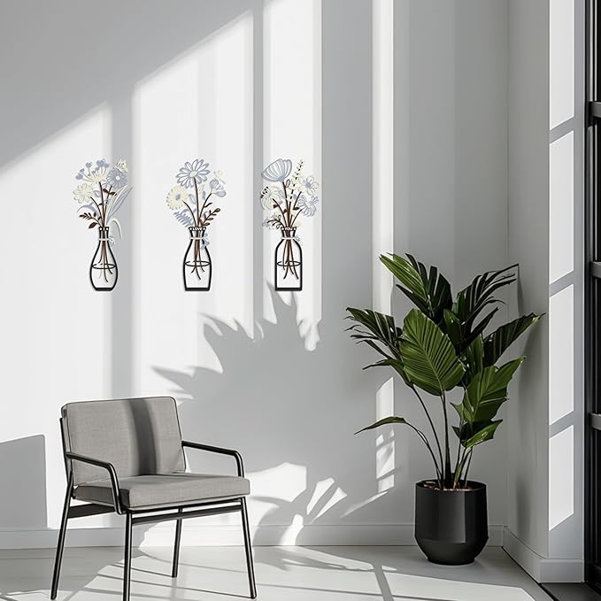 3 Pieces Metal Flowers Wall Art Decor, House Minimalist Bathroom Wall Decors Sculptures for Living Room Dining Room Bedroom Housewarming Gifts