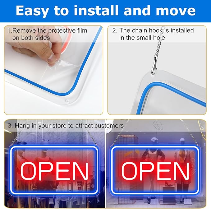22.8"x 11.8" Ultra Bright 12V Neon Open Sign for Business, LED Open Neon Sign, Electric Light up Signs for Stores, Restaurants Offices Retail Shops Window(Blue-Red-Horizontal)