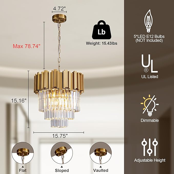 3-Tier 15.8" Modern Gold Crystal Chandelier, 5-Light Round K9 Crystal Pendant Light Fixture for Dinning Room, Kitchen Island, Bedroom, Living Room, Foyer, Entryway