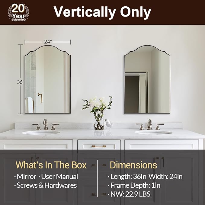 ANDY STAR Scalloped Arched Mirror, 24x36 Inch Brushed Nickel Mantle Mirror with Stainless Steel Metal Frame, Modern Silver Wall Mirrors for Bathroom, Living Room, Entryway, Wall Mounted Vertically