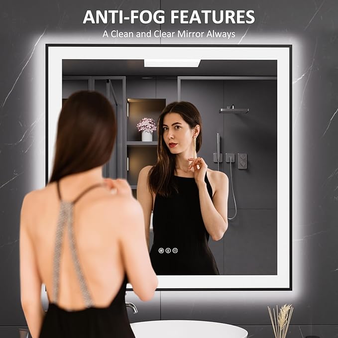LOAAO 32"X32" LED Bathroom Mirror Black Framed, Anti-Fog, Dimmable, Lighted Bathroom Vanity Mirror for Wall, Memory Function, Tempered Glass