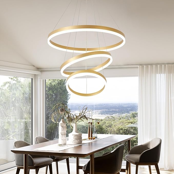 Modern Gold Chandelier Dimmable 3 Rings Chandelier Light Fixture 3000K-6500K Modern Led Pendant Light Color Changing Creative Design Kitchen Island Lighting Adjustable Hight
