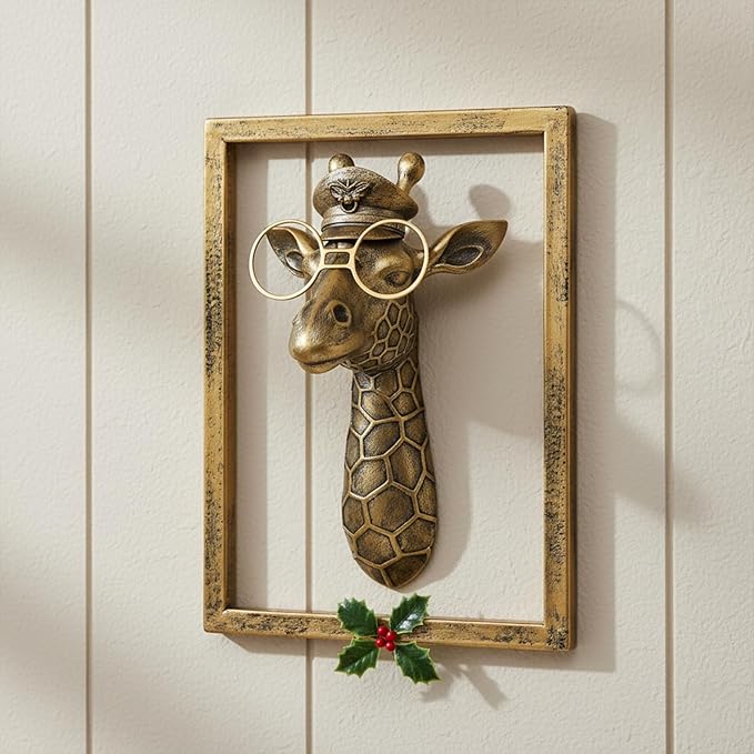 JJALIGHTS Animal Heads Wall Decor Resin Animals Sculptures Head Wall Hanging Decoration Imitation Copper vintage Wall Sculpture for Living Room Bedroom Office(Giraffe,Includes Metal Frame)