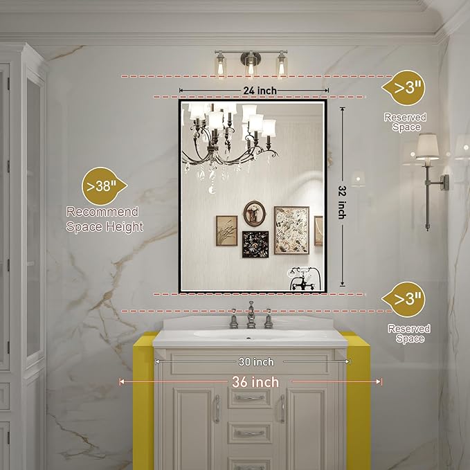 24x32 Inch LED Bathroom Mirror with Lights, Black Metal Frame Mirror, Wall Mounted Lighted Vanity Mirrors