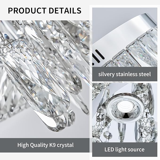 30" Ceiling Crystal Chandeliers: K9 Crystals 3 Color Temperature Led Light Dimmable with Remote - Modern Silver Chandelier Crystal Flush Mount Ceiling Lights for Dining Room, Living Room, Bedroom