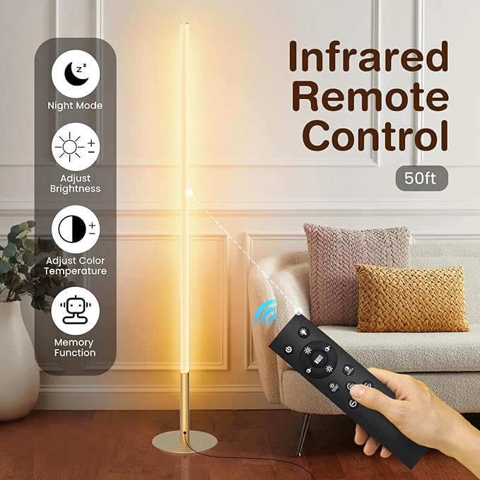 LED Corner Floor Lamp for Living Room, Dimmable Light with Remote, 2700-6500k Stepless Adjustable Colors & Brightness, Modern Reading Bright Light, 58" Standing Lamp for Bedroom (Gold)