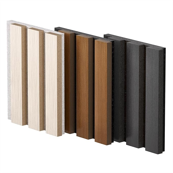 3 Pack Sample Set 3D Acoustic Slat Panels, 4.72" x 5.9" Sound Absorbing Wood Finish Panels, White, Walnut & Black, Decorative Acoustic Wall, Samples