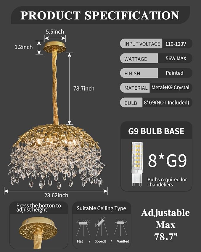 Modern Crystal Chandelier for Dining Room, 8-Light 23.62" Gold Tree Branch Chandeliers, Luxury K9 Crystal Rectangular Chandeliers for Kitchen Island Living Room