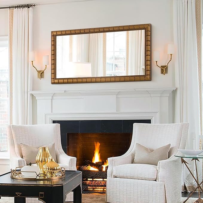 Large Wall Decorative Mirror, 48'' x 24'' Antique Gold Mirror with Bamboo-Joint Design, Rectangular Warm Gold Mirrors for Bathroom, Entryway, Dining Room, Fireplace，Horizontal/Vertical