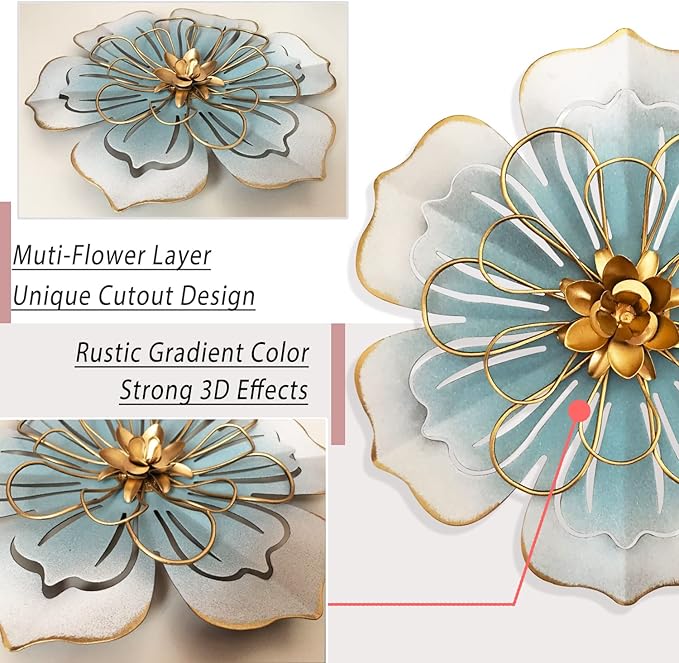 Metal Flower Wall Art Decor, 9.5”Rustic Modern Floral Sculpture, Distressed Iron Wall Hanging Home Decoration Accent Artworks for Indoor Kitchen Bedroom Living Office Outdoor Garden Patio-06 Blue Gold