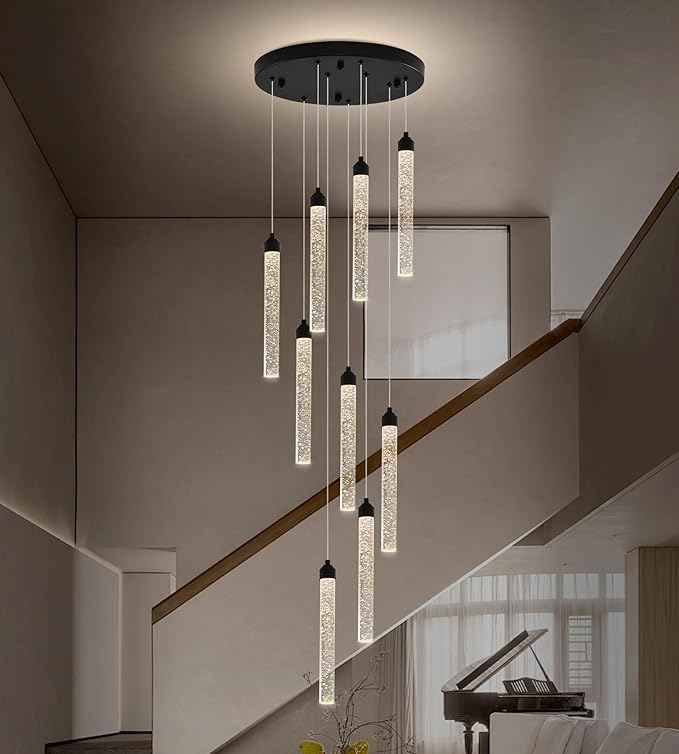 9-Lights High Ceiling Crystal Staircase Chandelier Black Pendant Lights Modern Spiral Raindrop Dimmable LED Bubble Cluster Ceiling Hanging Lighting Fixture for Foyer Living Room Remote Control