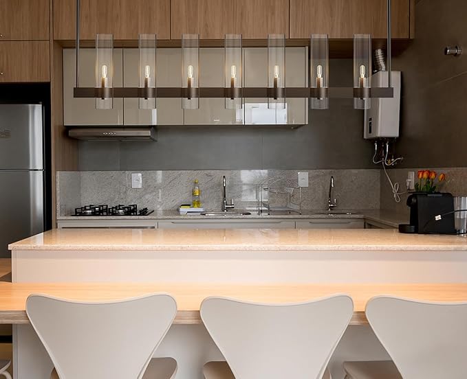 Black Kitchen Island Lighting- 7-Light Linear Chandelier, Adjustable 47'' Modern Farmhouse Rectangle Pendant Light Fixtures, Dining Room, Bedroom