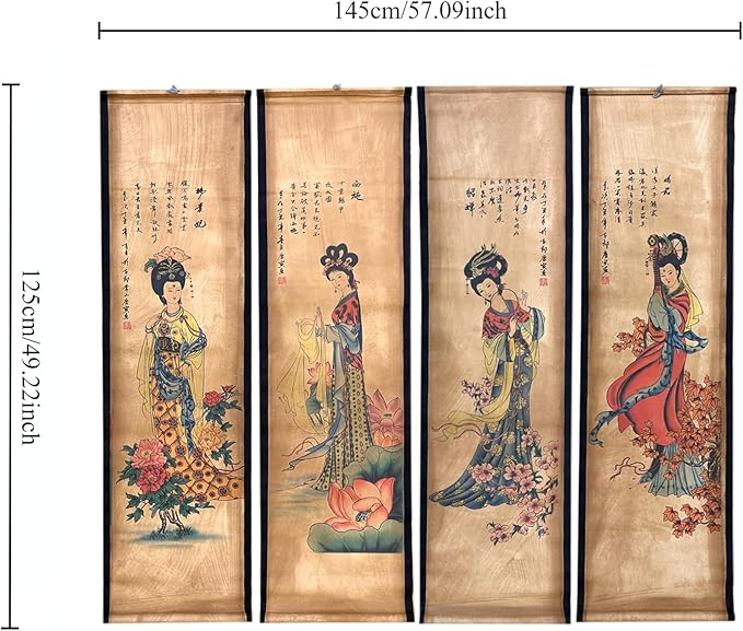 CIFIBIFUN Wall Asia Art Prints Posters Painting Eastern Vintage Style,4 Panels Old Paper Scroll Wood Framed Ready to Hang,Super Large Home Walls Decor Women