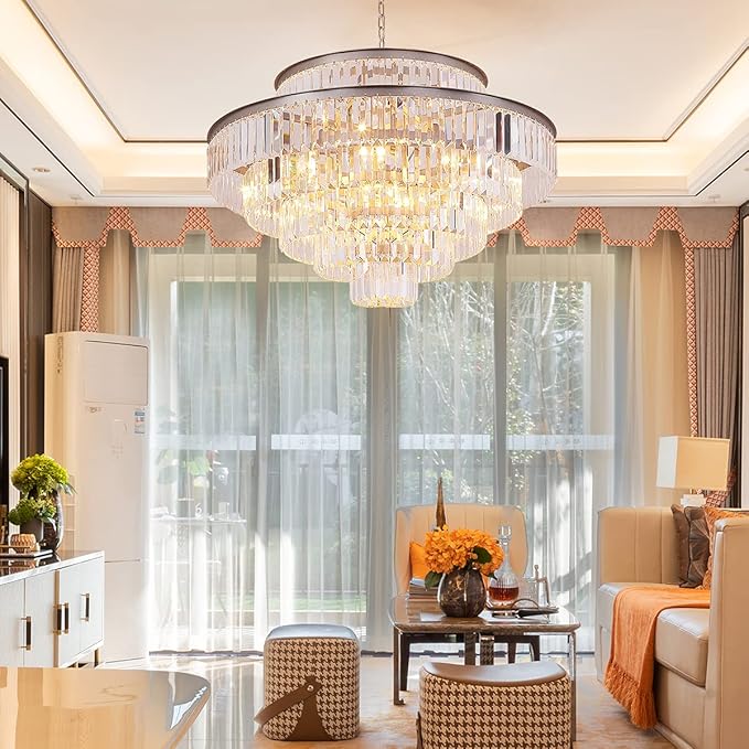 Modern Style Crystal Chandeliers & LightsRound Hanging Classic, Pendant Ceiling Chandelier Lighting Fixture 6-Tier for Dining Room Living Room(Nickel,31inch)