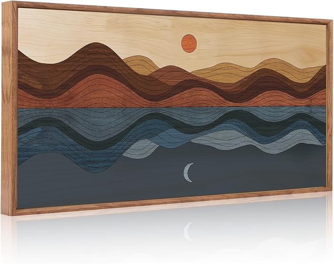 CHDITB Framed Canvas Wall Art For Bedroom, Sun And Moon Long Horizontal Wall Decor, Mid Century Modern Painting, Vintage Abstract Wave Line Poster, Mountain Sea Artwork For Living Room Office 40”X20”