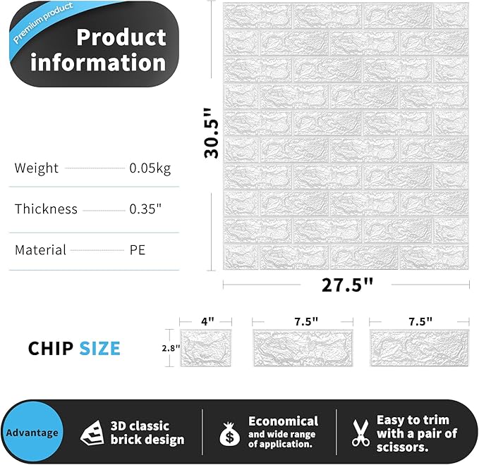 Art3d 11-Pack Peel and Stick 3D Wall Panels for Interior Wall Decor, White Brick Wallpaper, Covers 64 Sq.Ft