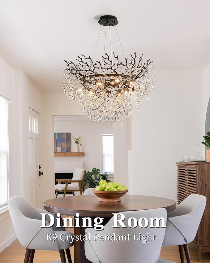Modern Crystal Chandelier for Dining Room, 31.5" Black Tree Branch Chandeliers, 10-Light Luxury K9 Crystal Round Chandeliers for Kitchen Island Living Room