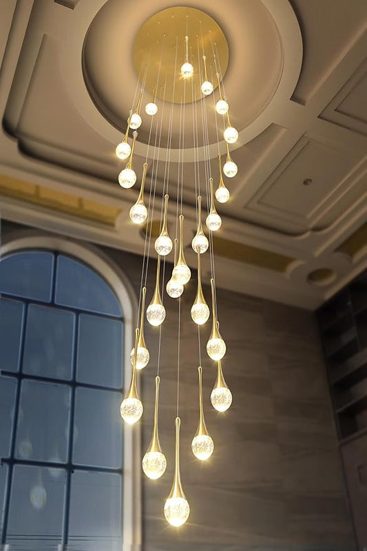 Modern Crystal Chandelier 25-Lights Raindrop Chandeliers LED Dimmable High Ceiling Pendant Light Gold Large Chadnelier for Foyer Entrance Living Room