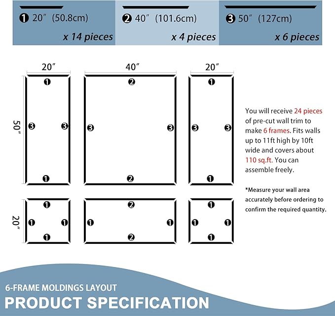 6-Frame Pre-Cut Accent Wall Molding Kit, Premade Wainscoting Chair Rail Moulding Panel Set for Interior Home Decoration (Widened to 2.16''W Each,24pcs)