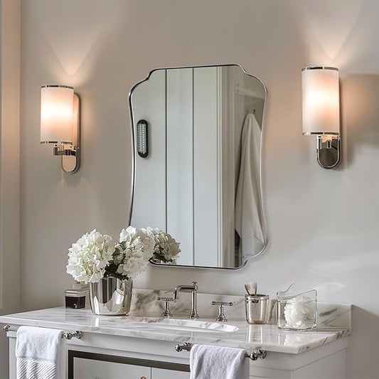 ANDY STAR 24"x32" Brushed Nickel Mirror, Scalloped Bathroom Wall Mirror with Metal Frame for Vanity, Vintage Design Ideal for Entryway, Living Room & Bedroom Decor