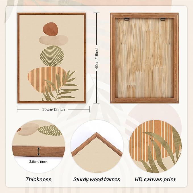 LHIUEM Mid Century Modern Decor Neutral Canvas Wall Art Set of 3(12”X16”) Large Geometric Pictures Boho Art Prints Bohemian Framed Decor Midcentury Modern Wall Art for Dining Room Living Room Bedroom