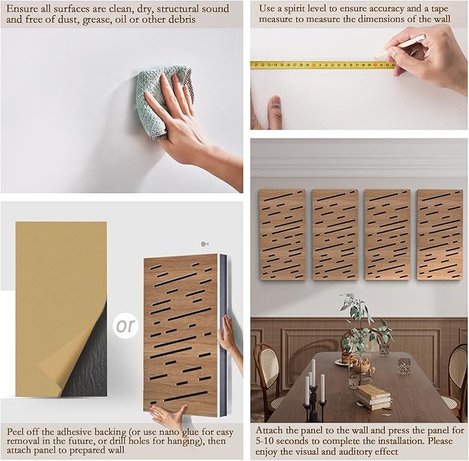 4Pack Acoustic Wall Panel, Self-Adhesive Soundproof Foam Panels for Wall, 3D Perforated Tri-Layer Polyester Fiber Decorative Acoustic Insulation for Recording Studio, Office, 24×12×1.78", Rain-Line