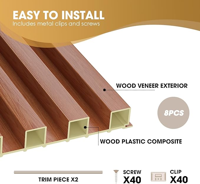 OUZUGIE WPC Acoustic Slat Wall Paneling, 8-Pack 96 x 6 Inches 3D Wall Panels for Interior Wall Decor,Living Room,TV Background,Study Room,Office Spaces,Bedroom,High Grille (Teak)