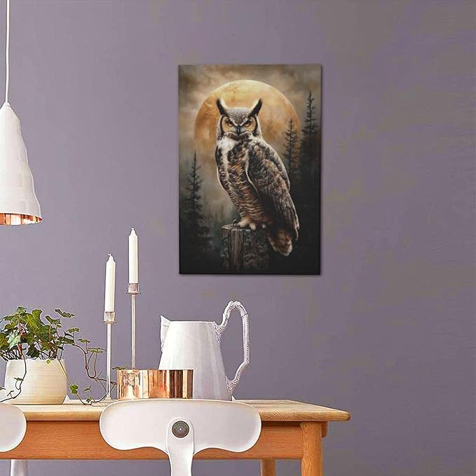 Cabin Owl Wall Art Moon and Forest Canvas Wall Decor Rustic Animal Pictures Paintings Prints Mystical Wildlife Artwork Framed Decorations For Bathroom Bedroom Living Room Office Gifts 16" x 24"