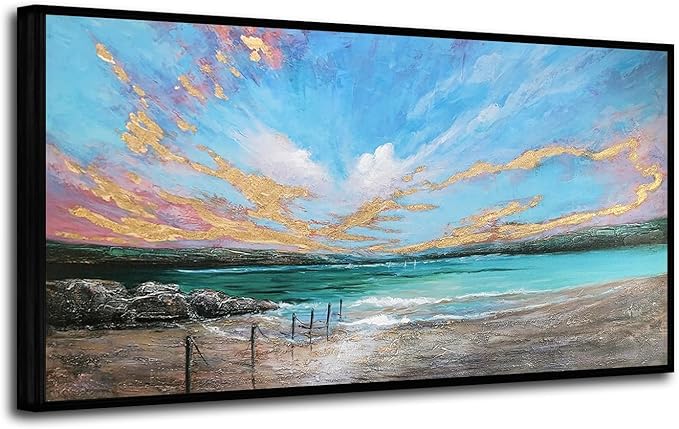 Arjun Ocean Canvas Wall Art Teal Coastal Beach Painting Blue Sky Nature Turquoise Landscape Panoramic Picture Textured Artwork for Living Room Bedroom Wall Decor, Large Size Black Wood Framed 40"x20"